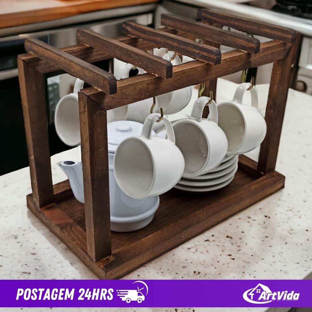 Suporte Porta Xícaras Madeira Rústica Bandeja para Pires, Bule, Açucareiro Retangular - ArtVida
