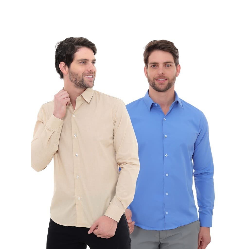 KIT Masculino 2 Peças - Camisa Social Premium Tipo Linho Bege e  Camisa Social Slim Azul