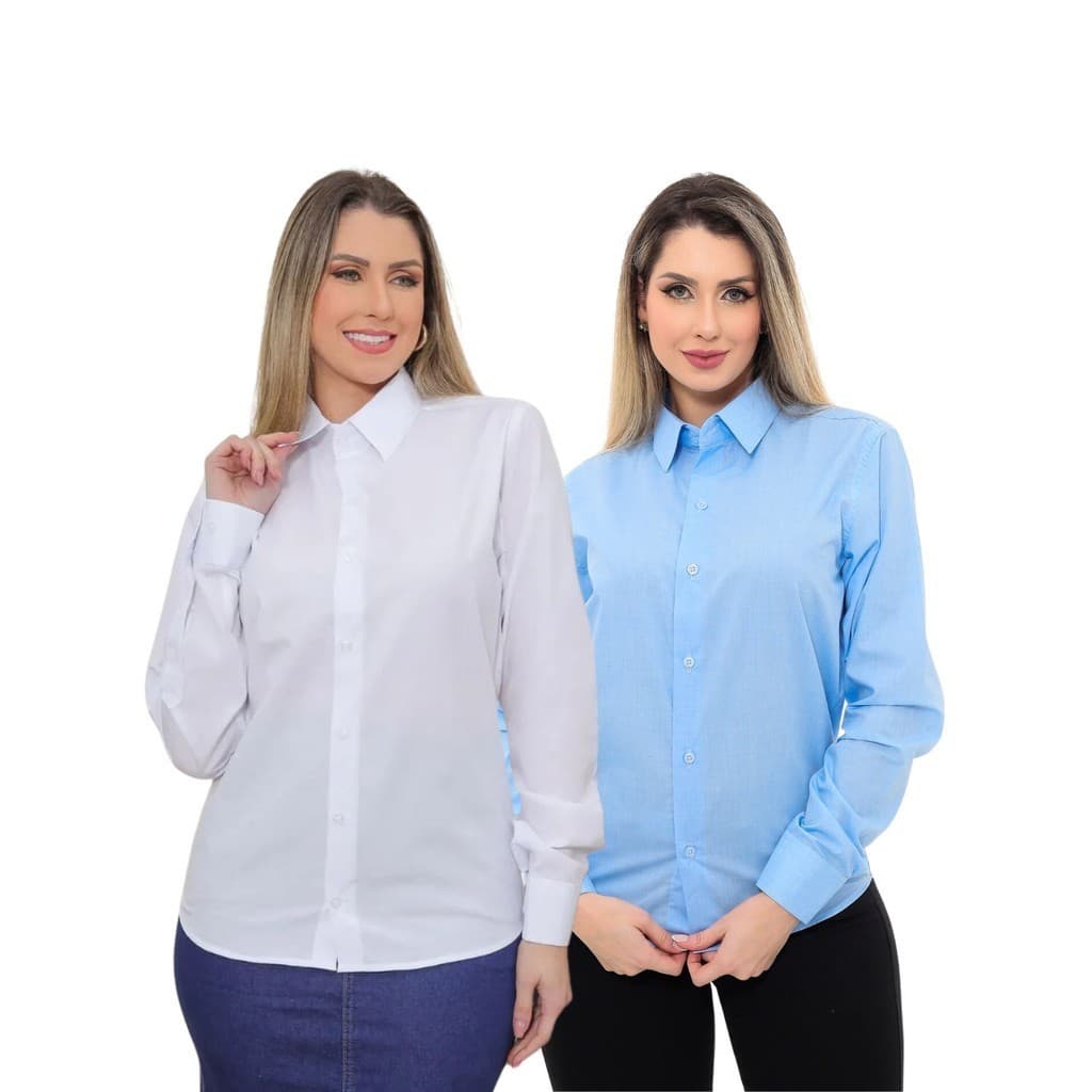 KIT Feminino 2 Peças - Camisa Social Premium Tipo Linho Azul Claro e  Camisa Social Slim Branca