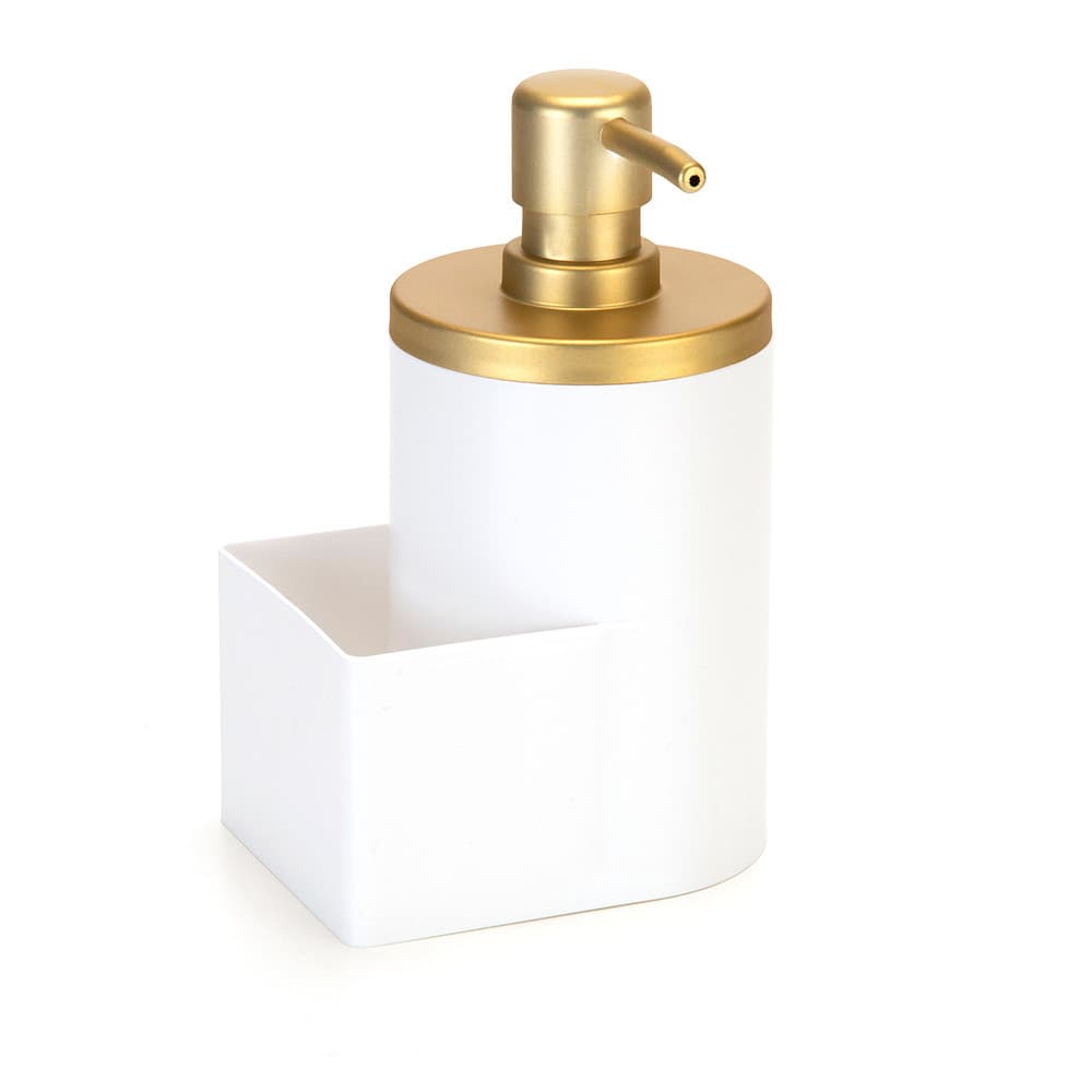 Dispenser Porta Detergente 600ml Branco Dourado Suporte Bucha Buchinha Esponja Pia Cozinha Arthi