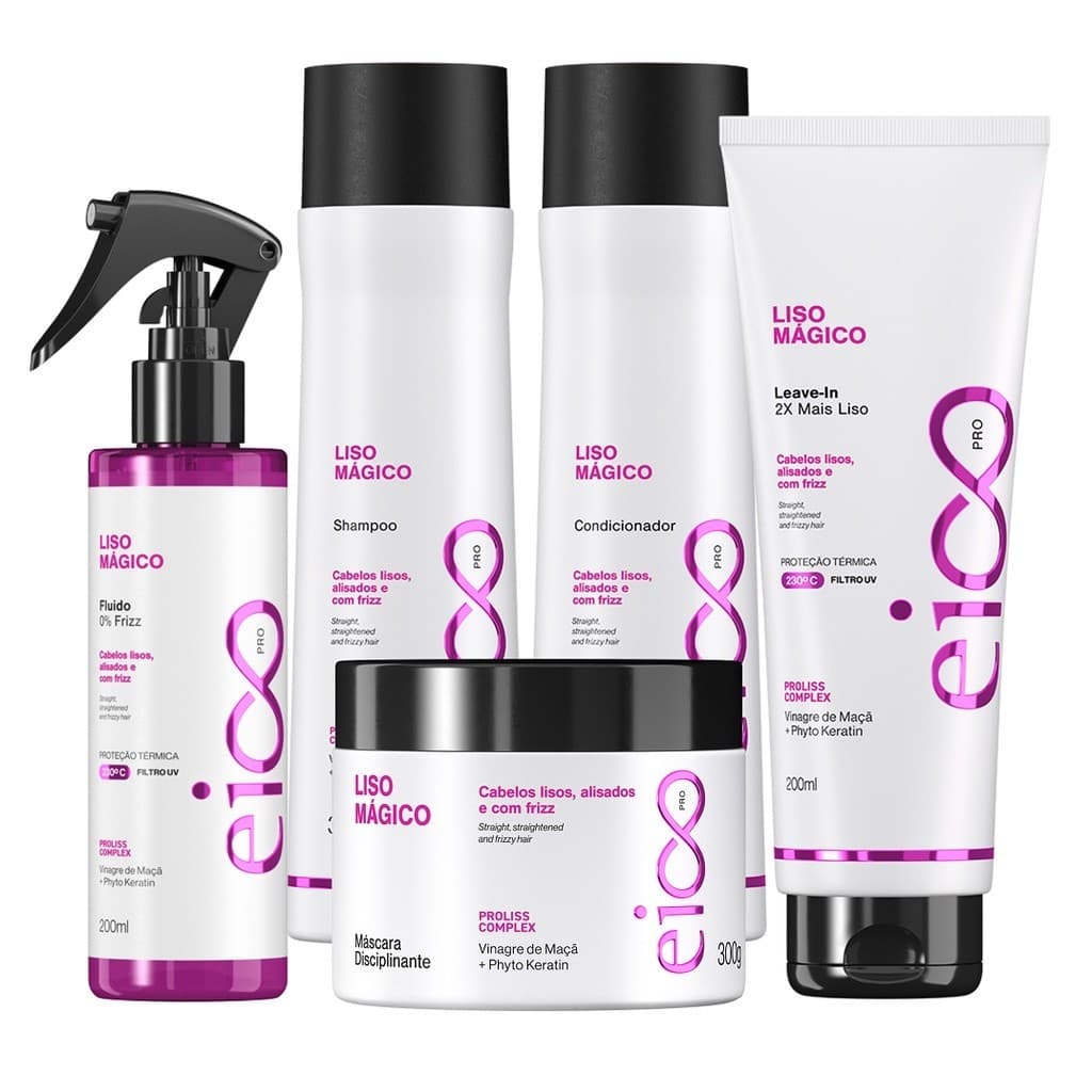 Kit Eico Pro Liso Mágico Shampoo Condicionador 300ml Tratamento Máscara 300g Leave-in Spray