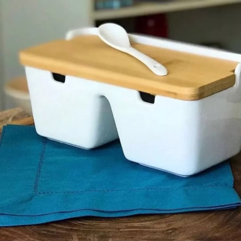 Saleiro De Mesa Duplo Com Colher e Tampa De Bambu Cerâmica - Lyor