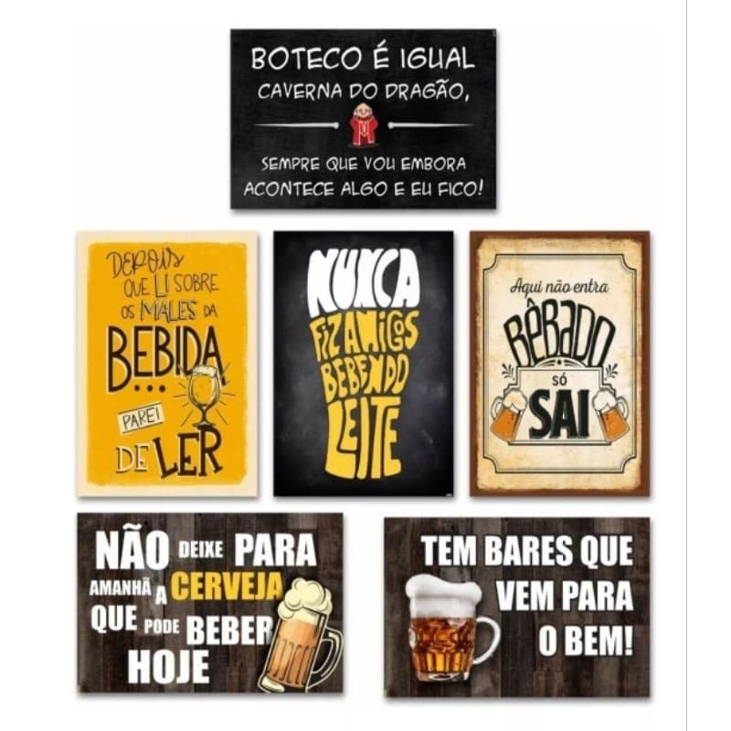 Kit 6 placas decorativas boteco bar frases engraçadas 20x30