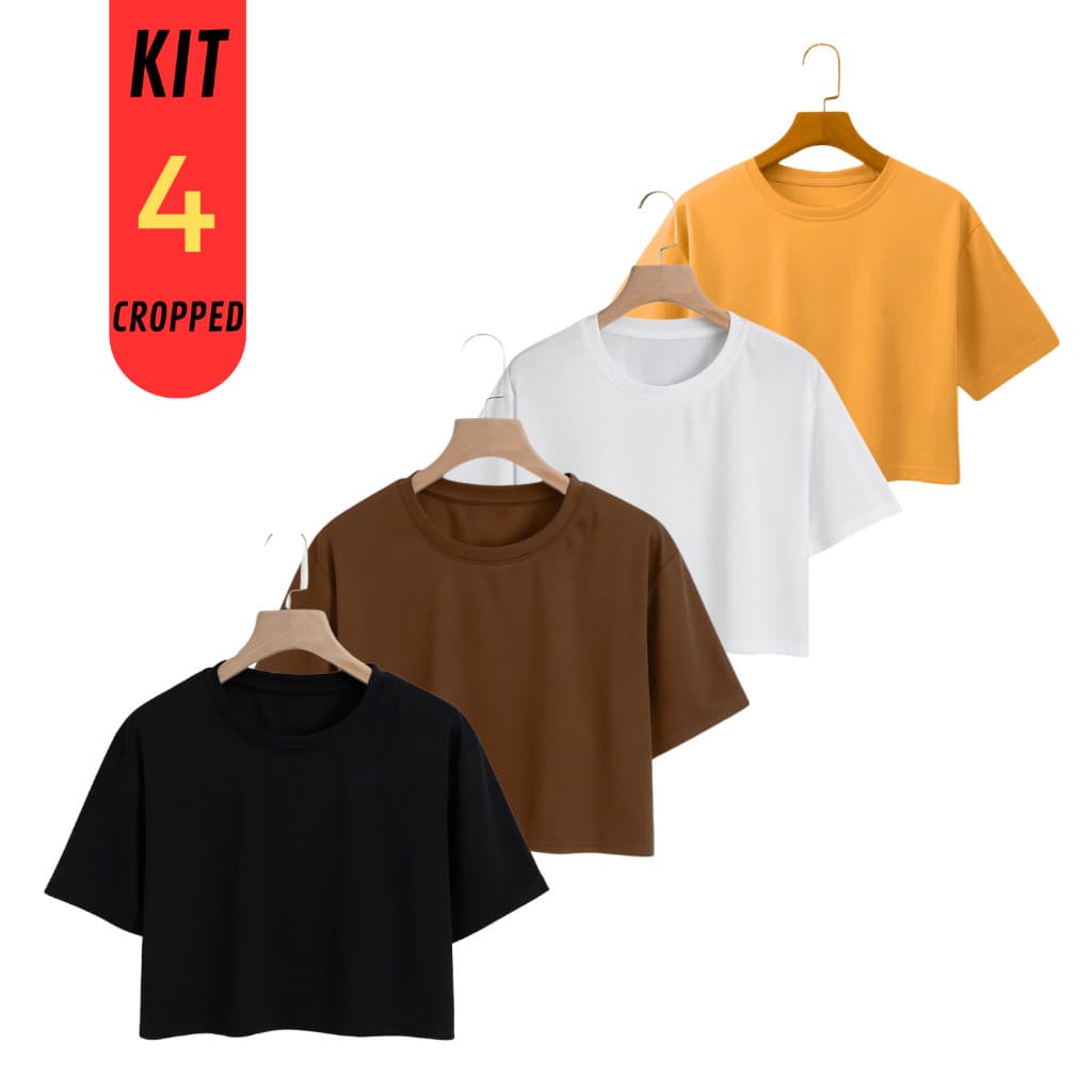 Kit 4 Blusa Cropped Feminina Larguinho Oversized T-Shirt Básica Liso Algodão Promoção