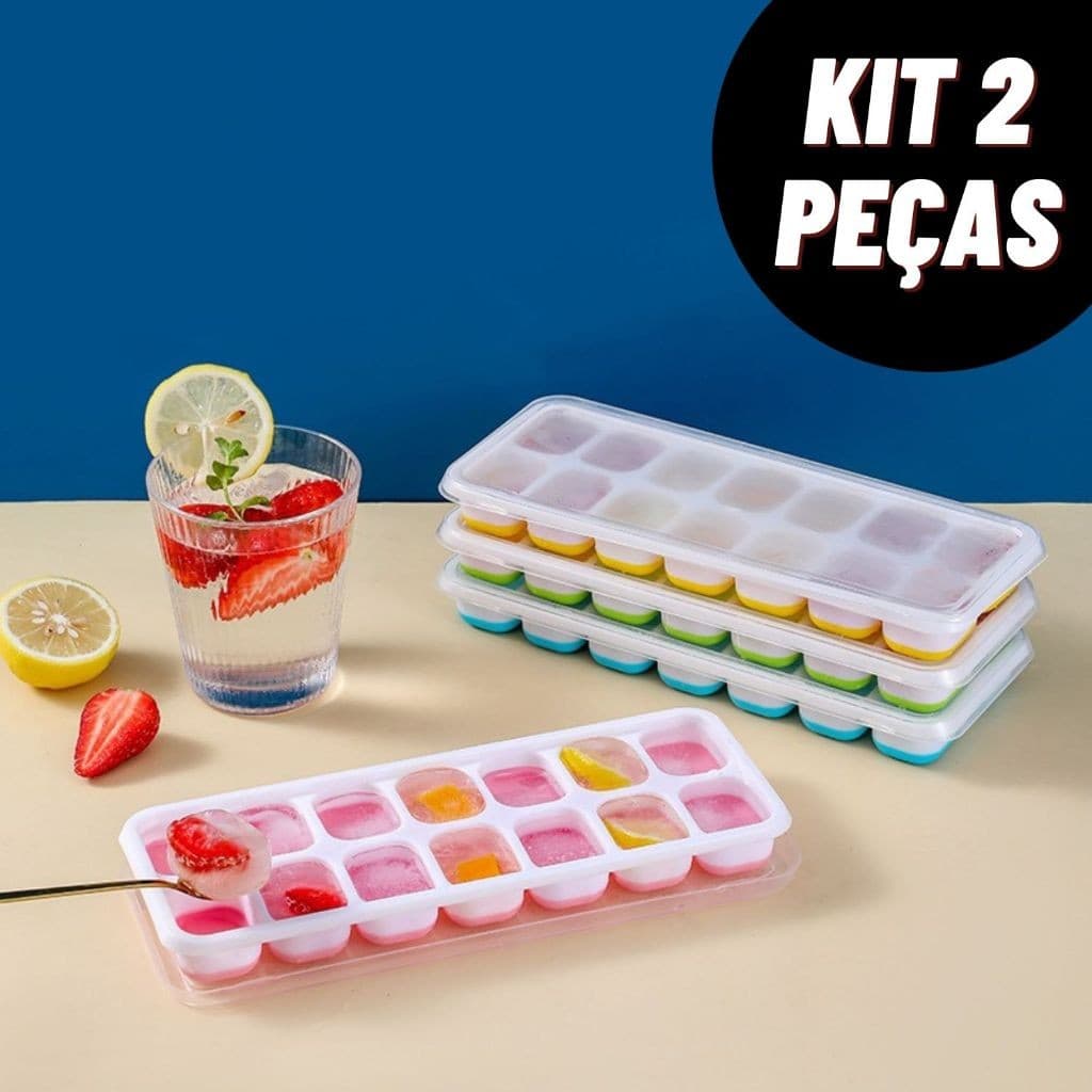Kit Forma de Gelo Silicone Tampa Rígida Flexível Fundo 14 Cubos Retangular Multiuso Lavável