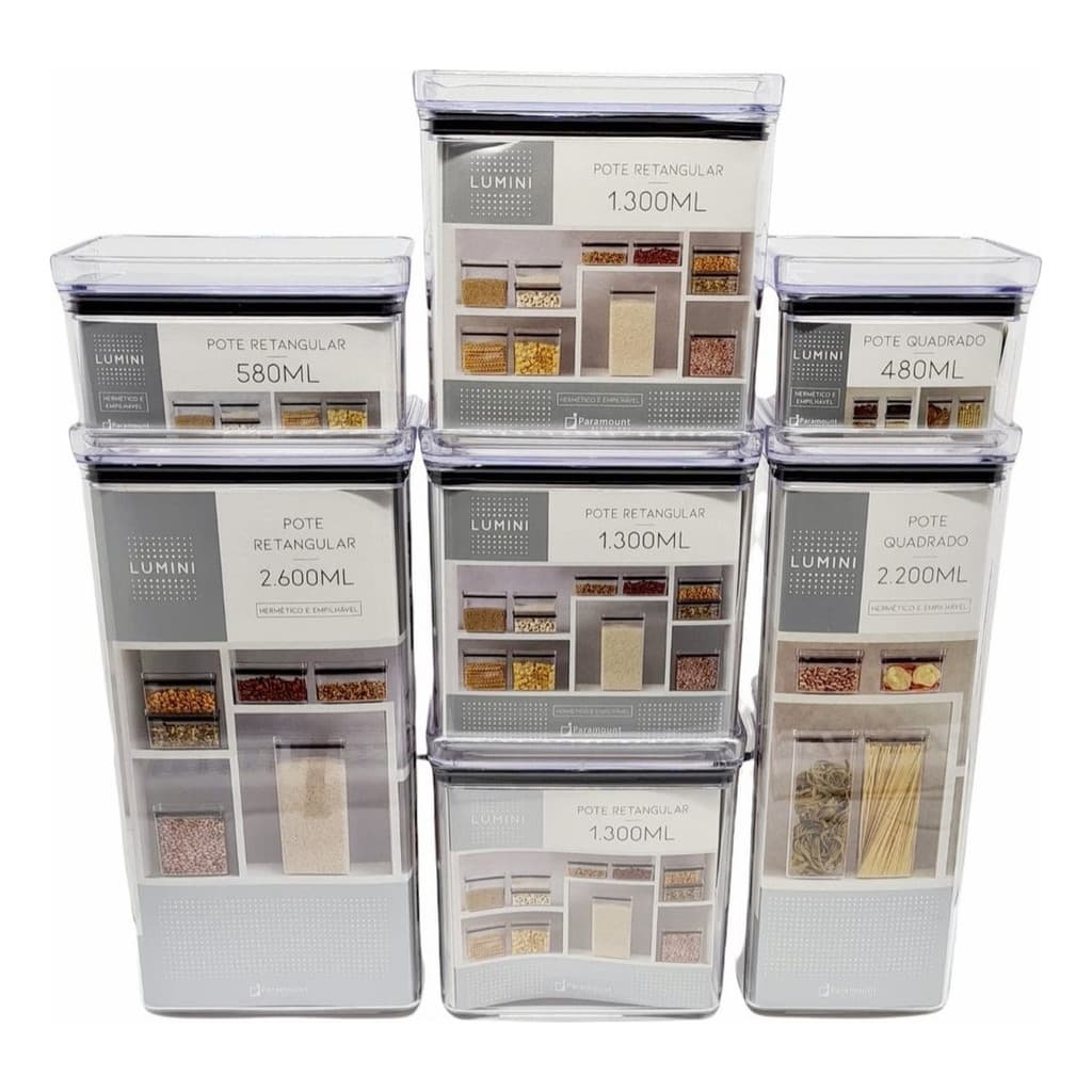 Kit 7 Potes Herméticos Paramount 480ml 580ml 1300ml 2200ml 2600ml Organiza Despensa Armário Prático