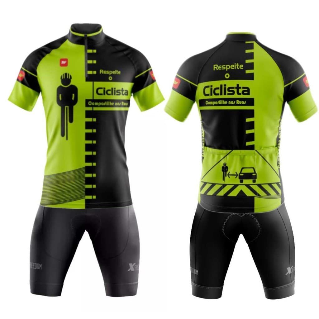 Conjunto de Ciclismo Camisa Respeite o Ciclista C/ Proteção UV e Bermuda C/ Forro Interno
