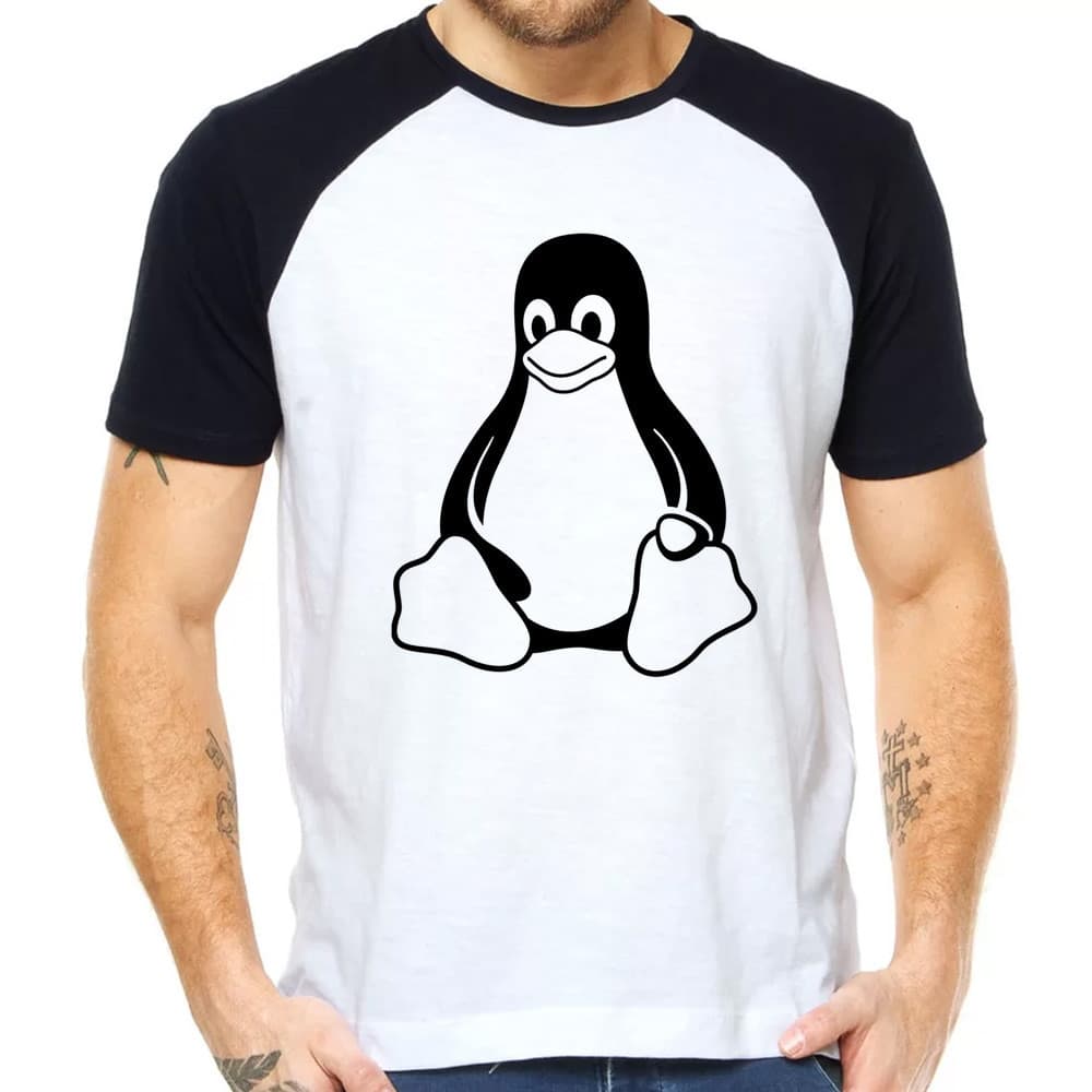 Camiseta Linux Tux Pinguim Raglan Branca Cinza Camisa Blusa