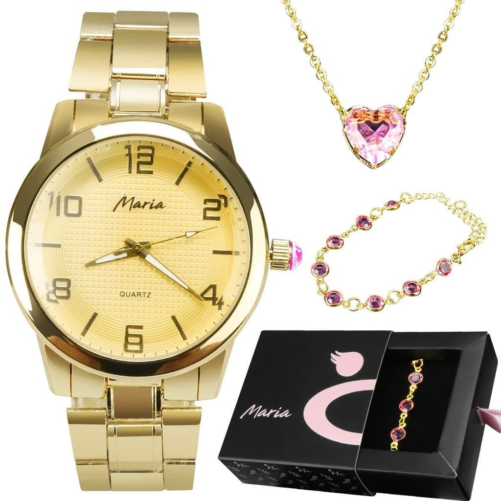 Pulseira + colar coração + relogio feminino dourado strass ouro qualidade premium casual social