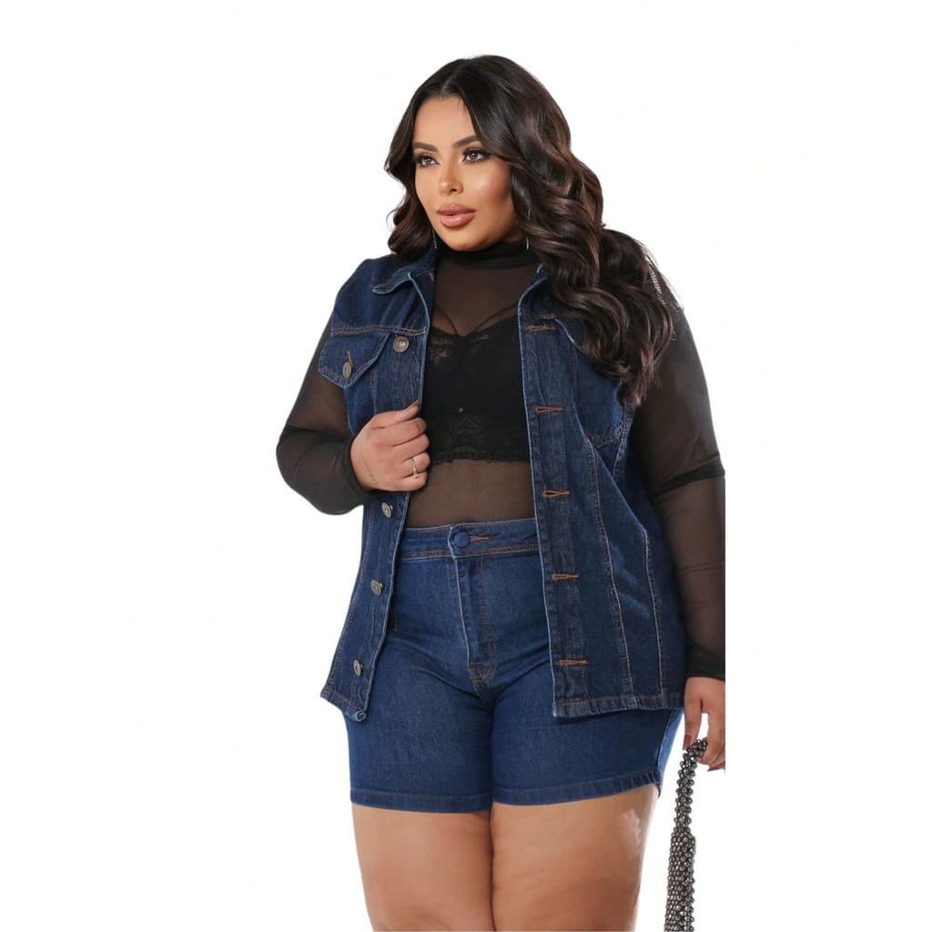 Colete Jeans Longo Feminino Plus Size Max Colete Com Fechamento Frontal