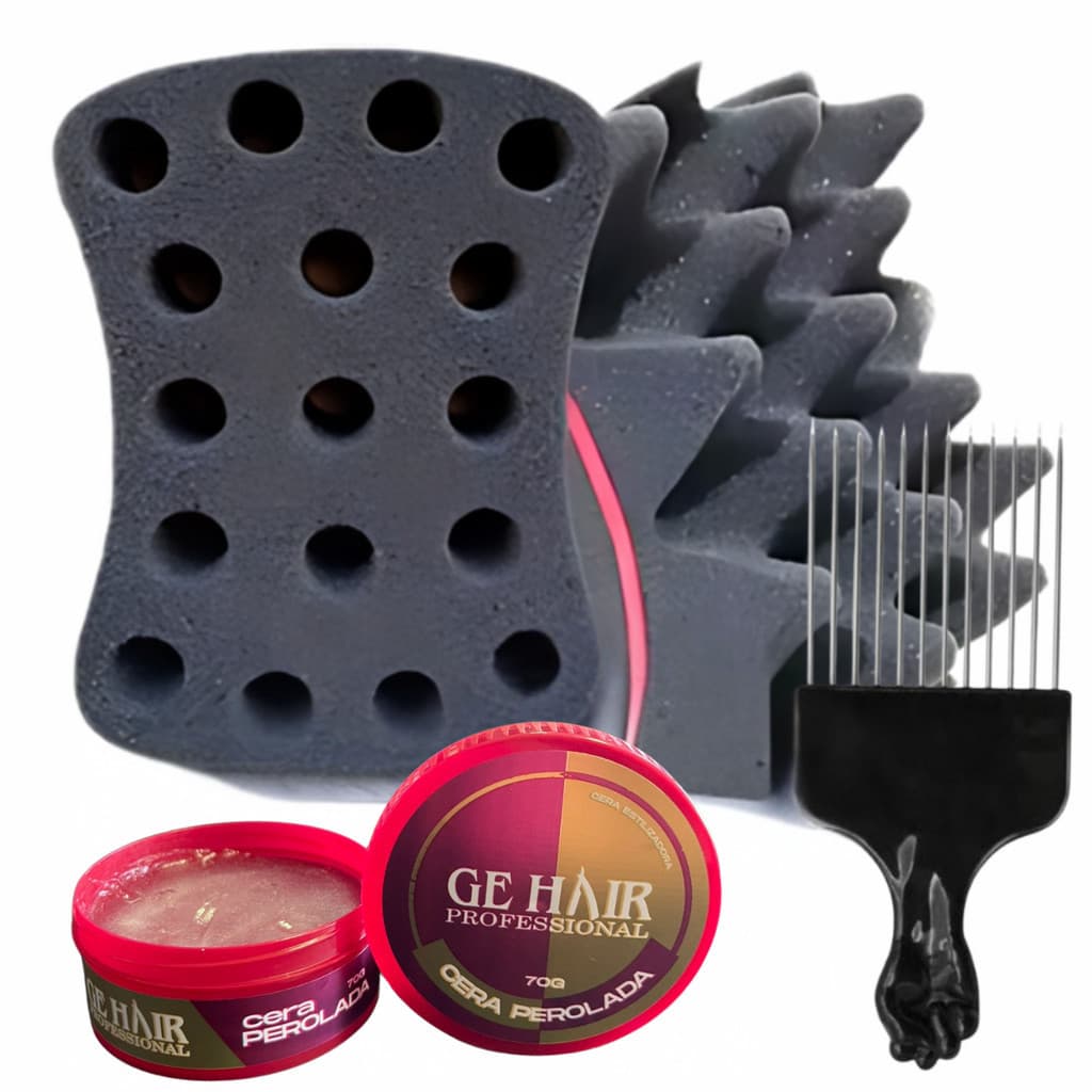 Kit Esponja Nudred Dupla Enrolar Cabelos M 16mm + Cera + Pente Afro