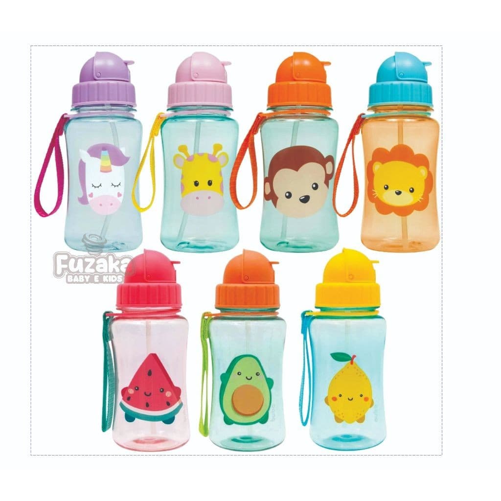Garrafa Garrafinha Infantil com Canudo Retratil de Silicone e Alça Animal Fun e Frutti 350ml - Buba