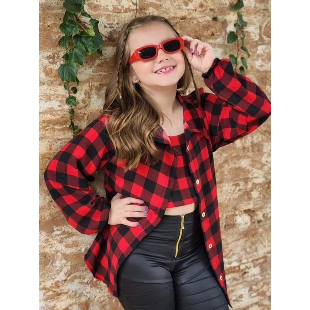 Conjunto Infantil Juvenil Feminino Cropped e Camisa Xadrez: O Combo Perfeito para arrasar no Look!