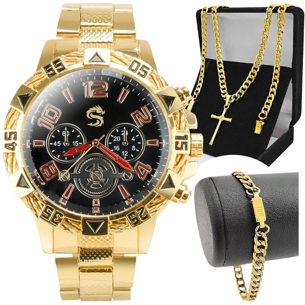 Relogio masculino banhado + pulseira grumet + relogio multifuncional presente analogico religioso