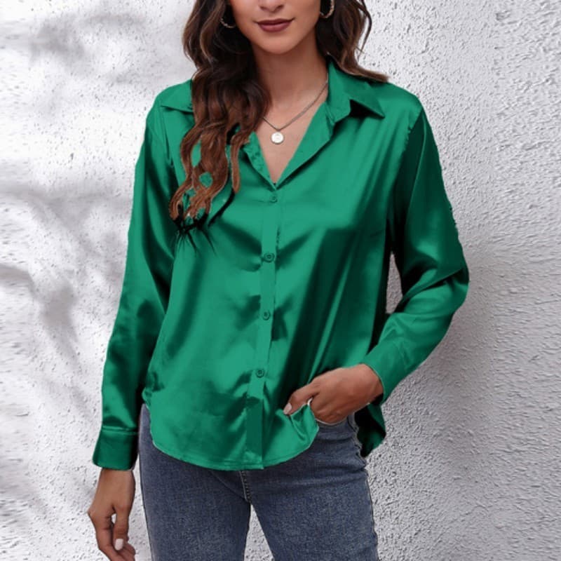 Camisa De Primavera Satin Shirt Mulher Botão Solto Para Cima Blusa Imitação Senhoras Manga Longa De Seda Mulheres