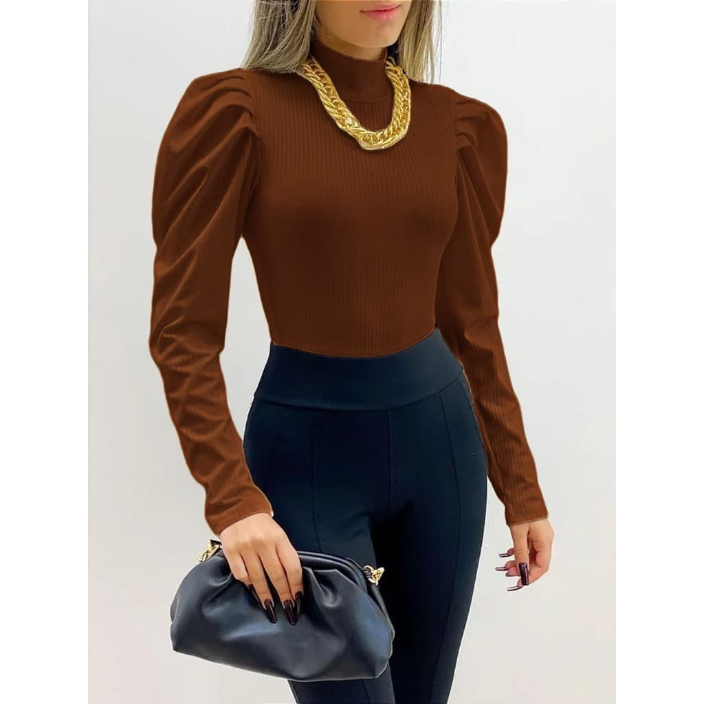 Blusa feminina manga longo princesa gola alto malha canelado