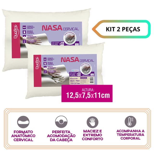 Kit 2 Travesseiros Nasa Cervical Duoflex Anatômico Antiácaro Conforto Espuma Viscoelática