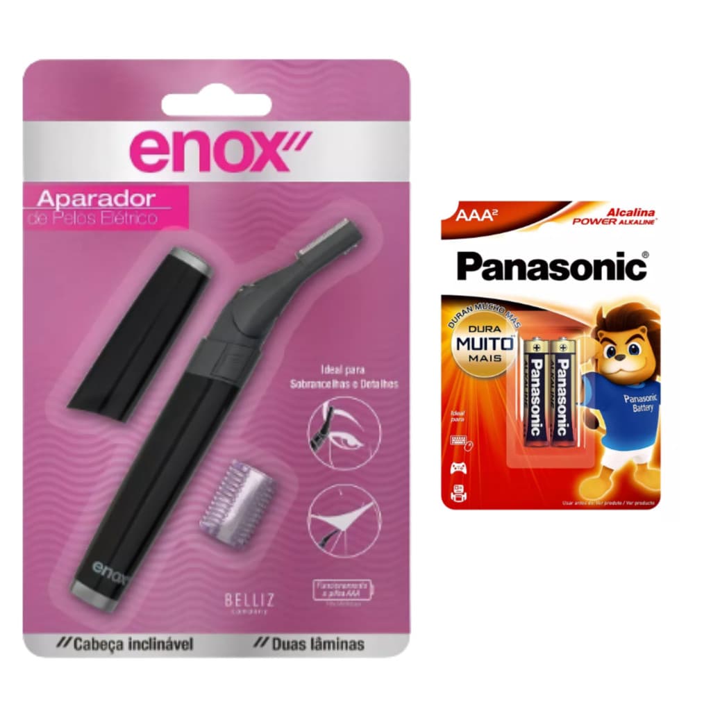 Aparador De Sobrancelhas e Pelos Enox + 2 Pilhas Alcalinas Panasonic