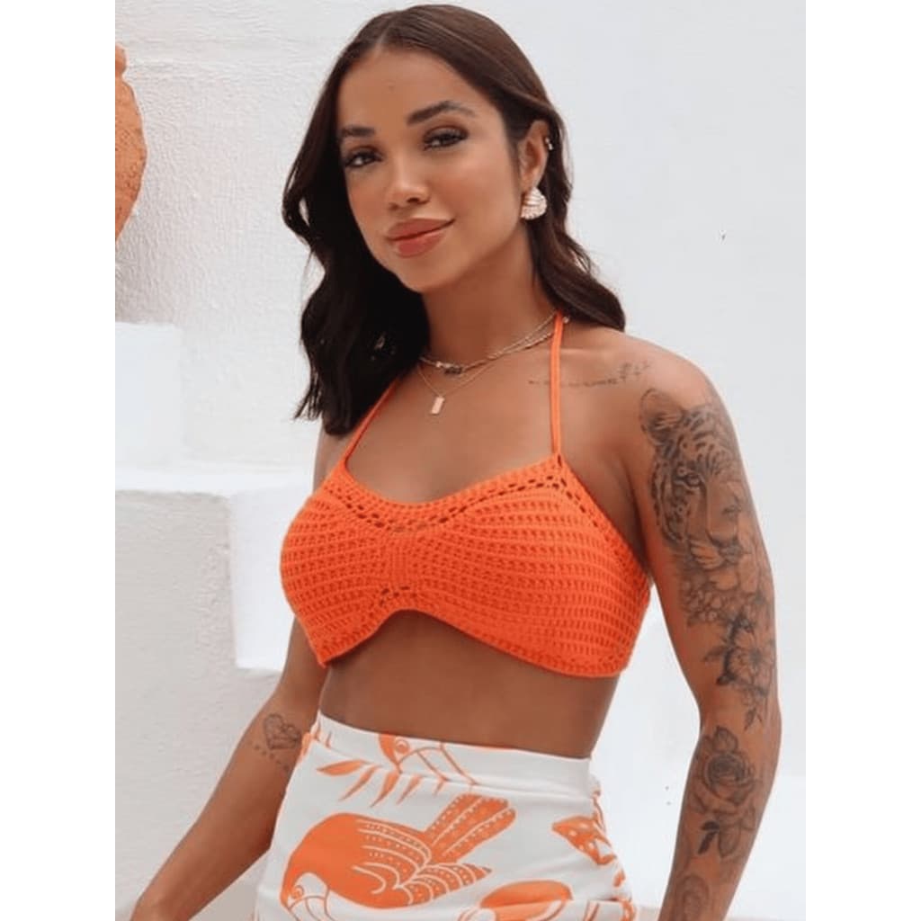 TOP FEMININO TRICO CROCHE  SEM BOJO ALCINHA FRENTE ÚNICA CROPPED FAIXA VERAO CARNAVAL BOHO