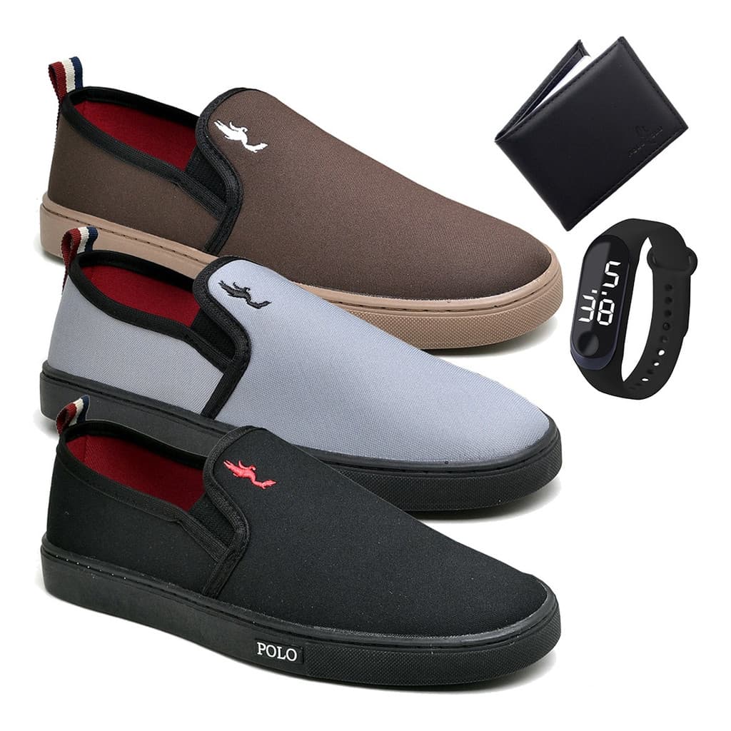 Kit 3 Pares Slip On Masculino + Carteira + Relogio Digital