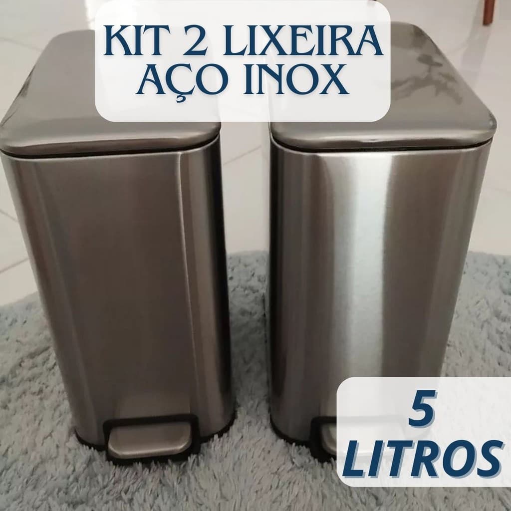 Kit com Duas Lixeiras Aço Inox Moderna Premium Retangular Banheiro Cozinha Escritório Elegante 5Litros Fechamento Suave