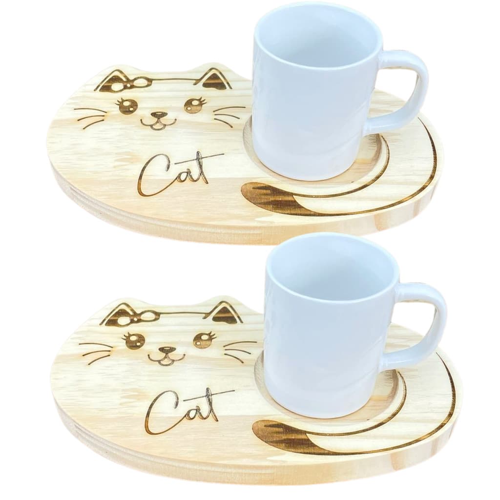 Jogo 2 canecas porcelana 120ml com pires pinus gato