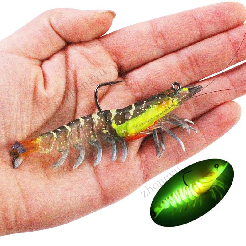Isca Falsa 3D Que Brilha No Escuro , Pesca De Camarão Com De Gancho Coberta Macio De Chumbo