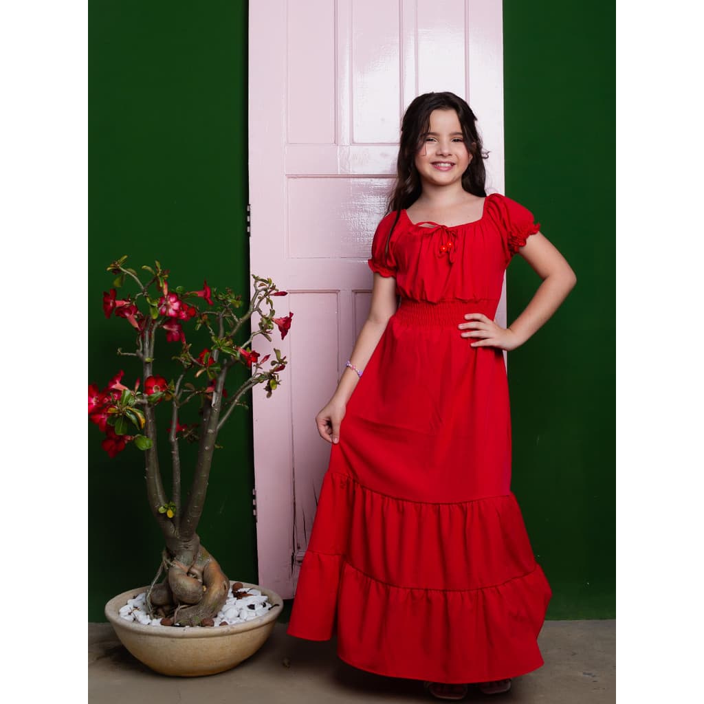 Vestido Juvenil Longo Menina Vermelho Lastex Elegante