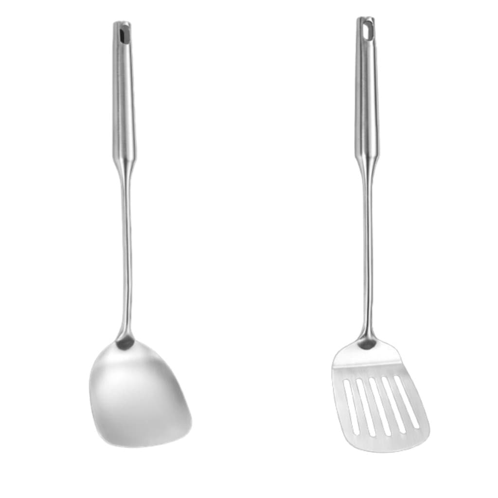 Conj Espátula+espátula Vazada Utensílios Cozinha Em Aço Inox