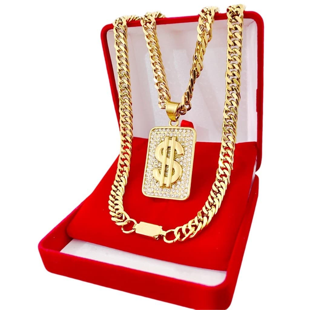 Cifrão Cravejado Banhado a Ouro 18k + Corrente Grumet 70 cm