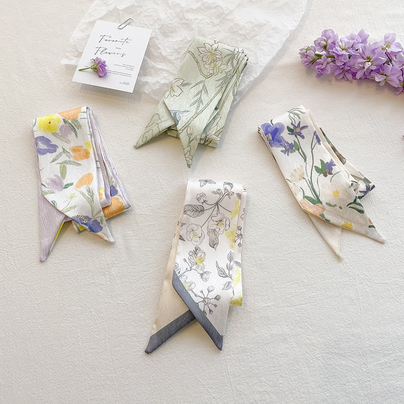 Lenço Pequeno de Cetim Floral Literário Simples em Estilo Japonês, Versátil, Longo e Estreito, Lenço de Seda para Mulher