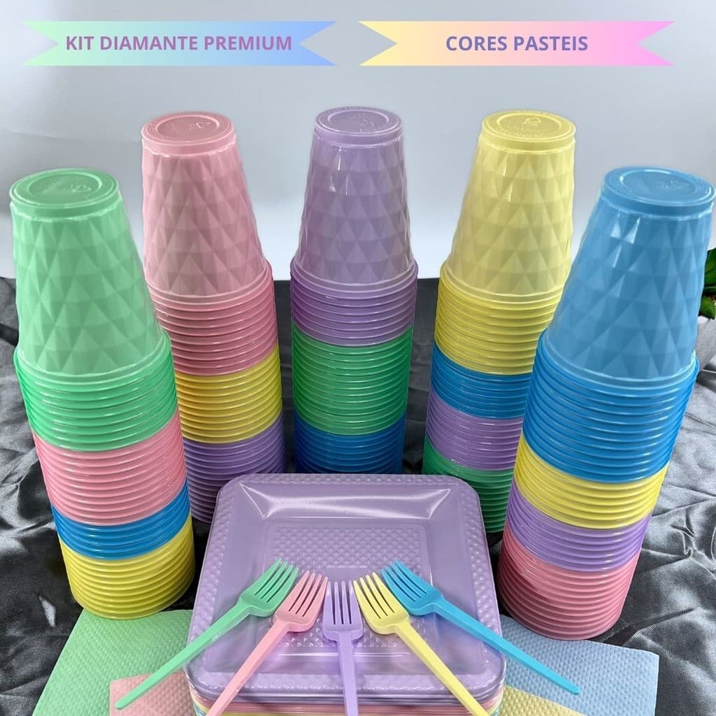 Kit 180 Itens Festa Aniversário Completo Premium Candy Descartável  Prato Copo Garfo Guardanapo Cor Pastel P/40 Pessoas