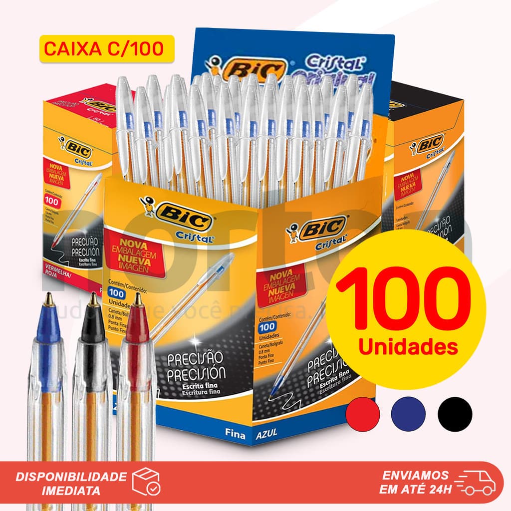 Caixa 100 Canetas Bic Cristal Esferográficas 0.8mm Ponta Fina Cor Azul, Preto ou Vermelho
