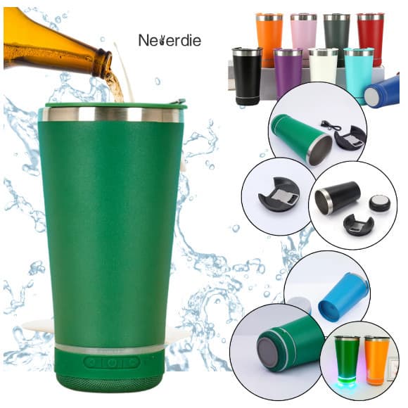 Copo térmico inox com tampa abridor e caixa de som com bluetooth Led 420ML