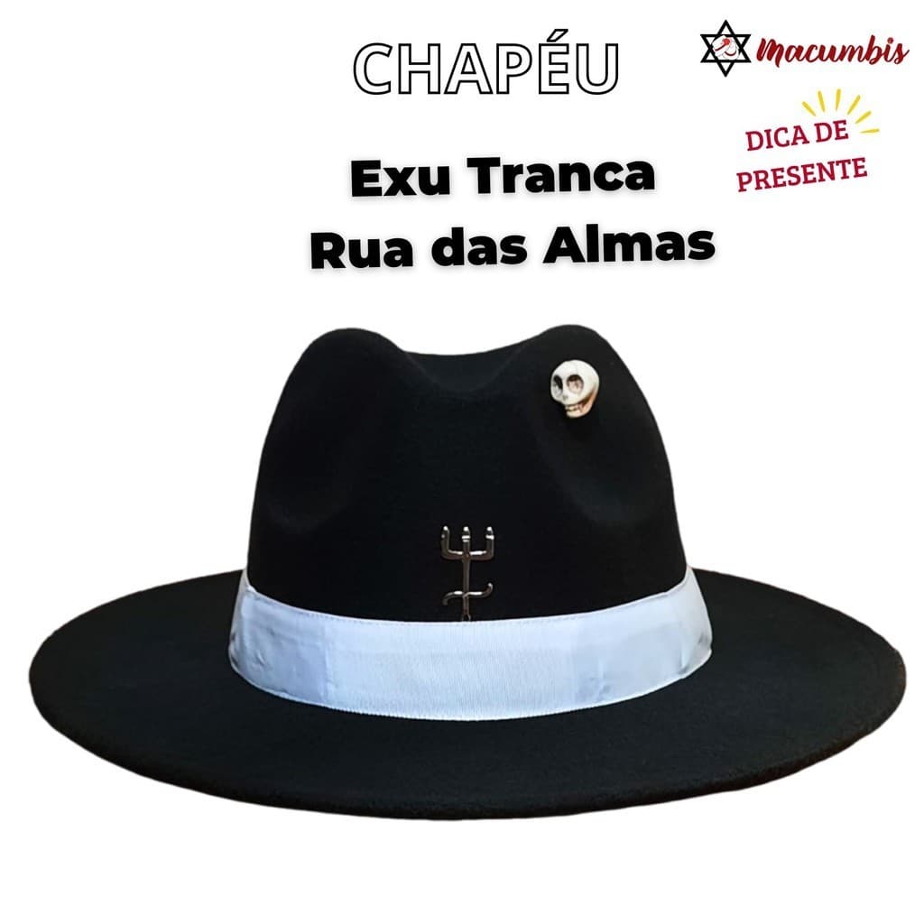 Chapeu Exu Tranca Ruas das Almas Preto Faixa Branca Tridente