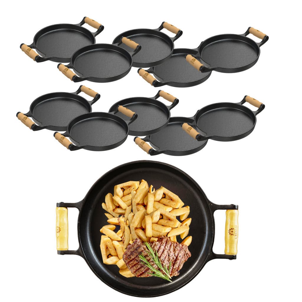 Kit 10 Chapas Bifeteiras Redondas de Ferro Fundido com Alça de Madeira 22 cm Libaneza