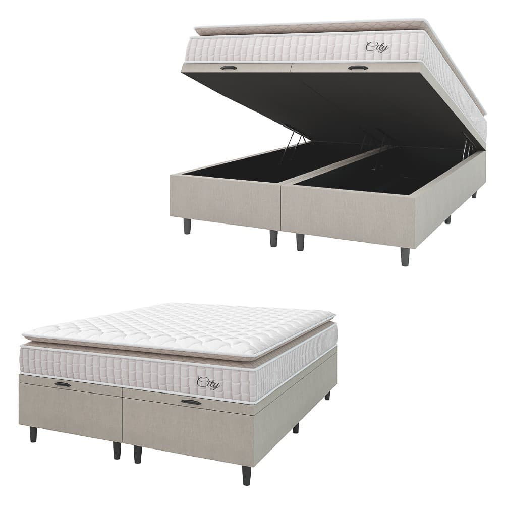 Cama Box Colchão Baú Casal King Molas Ensacadas City Pillow Top 193x203x64cm Bege / Branco Hellen