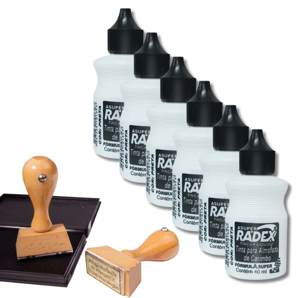 Kit 6 Tintas Para Carimbo Cor Preta 40ml Refil Secagem Rápida Radex