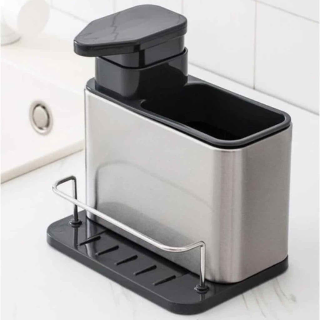 Dispenser Porta Detergente Esponja Bucha Sabão Líquido 3 Em 1 Inox Suporte Organizador Para Pia