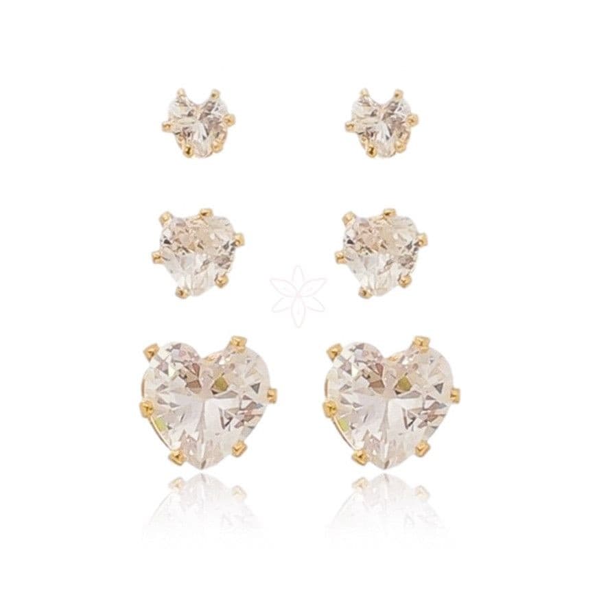 Trio de brinco ponto de luz coração folheado em ouro 18k