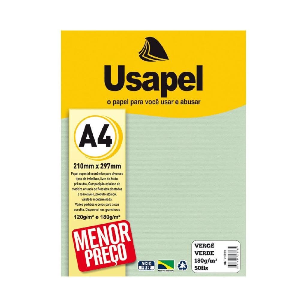 Papel Vergê Verde A4 180g Com 50 Folhas Usapel
