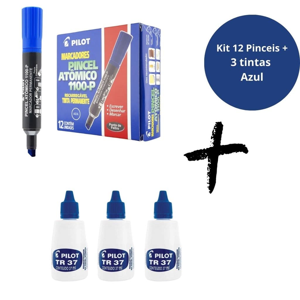 KIT 12 PINCEL ATOMICO 1100-P PILOT AZUL + 3 TINTAS REABASTECEDOR AZUL PILOT ARTISTICO/PROFISSIONAL