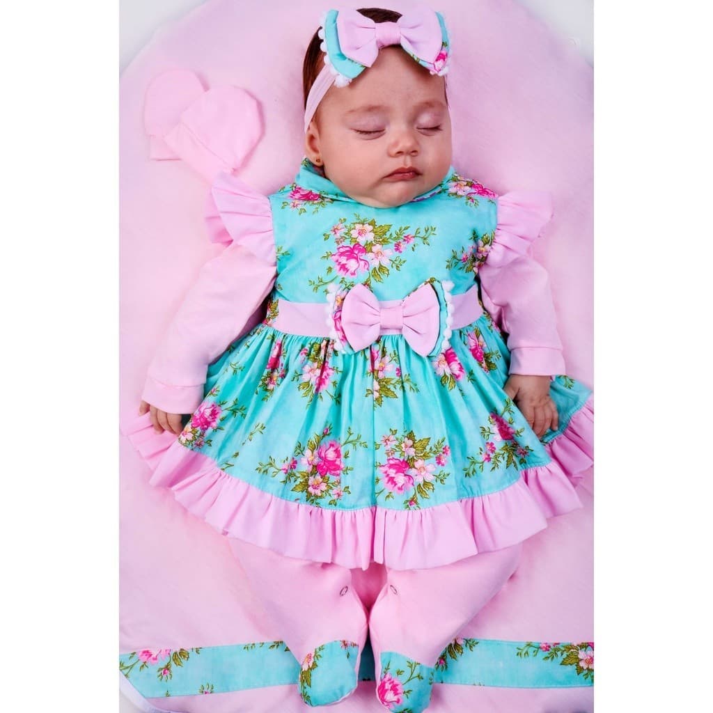Saída de Maternidade Para Bebe Menina Salmão Charmosa 05 peças Vermelha Floral Roupas para Bebê