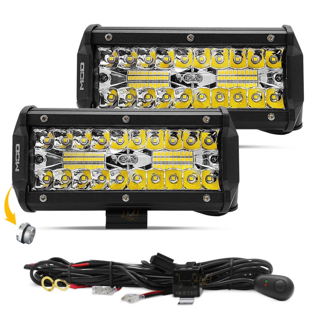 Par Barra LED Mod LEDs 120W Lente 8D Farol Milha Foco Spot e Flood 7pol Com Chicote Carro Completo