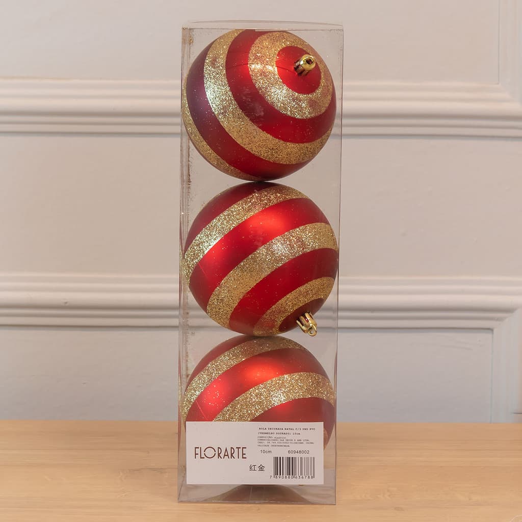 Kit 3 Bolas Decorativas de Natal Vermelho e Dourado com Glitter - 10cm (Florarte)
