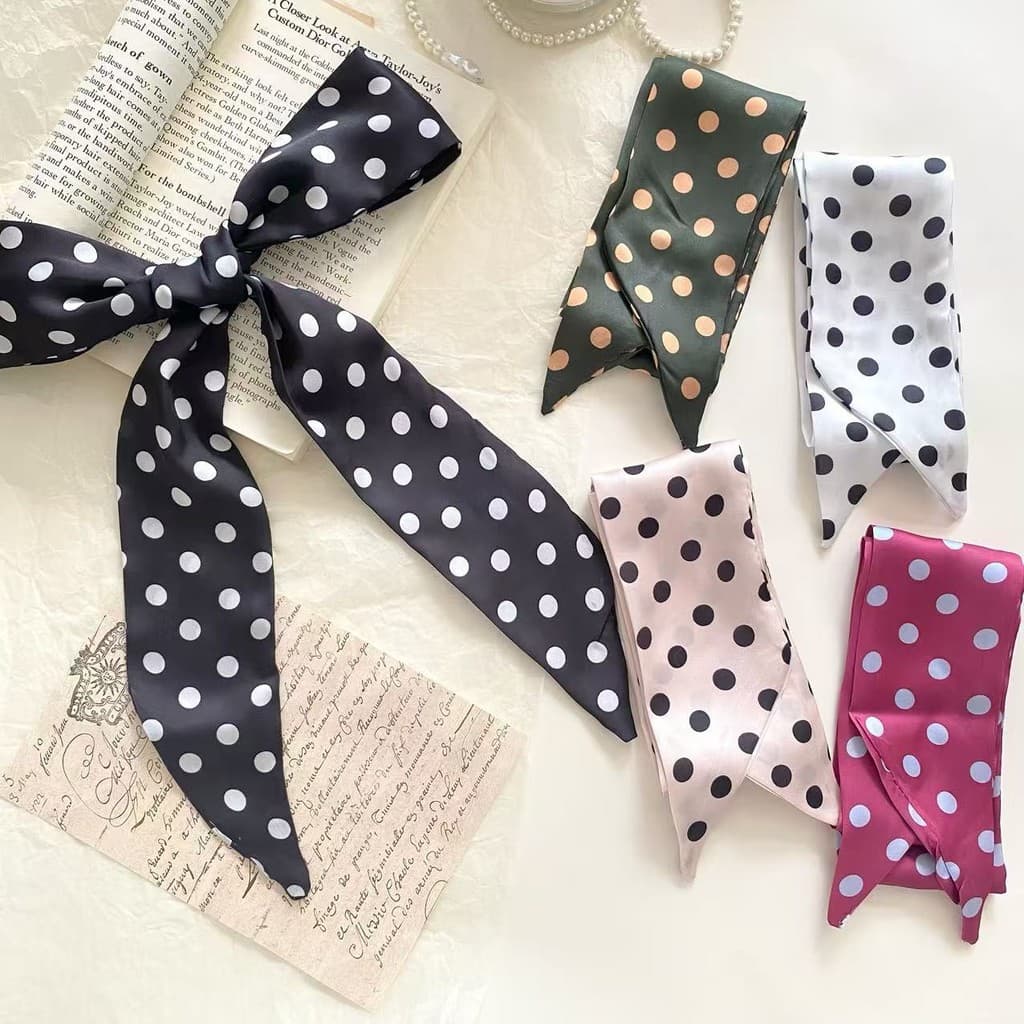 Lenço de Seda Retro com Bolinhas para Mulheres, Faixa Longa e Estreita, Lenço de Canto Pontudo, Estilo Francês, Versátil