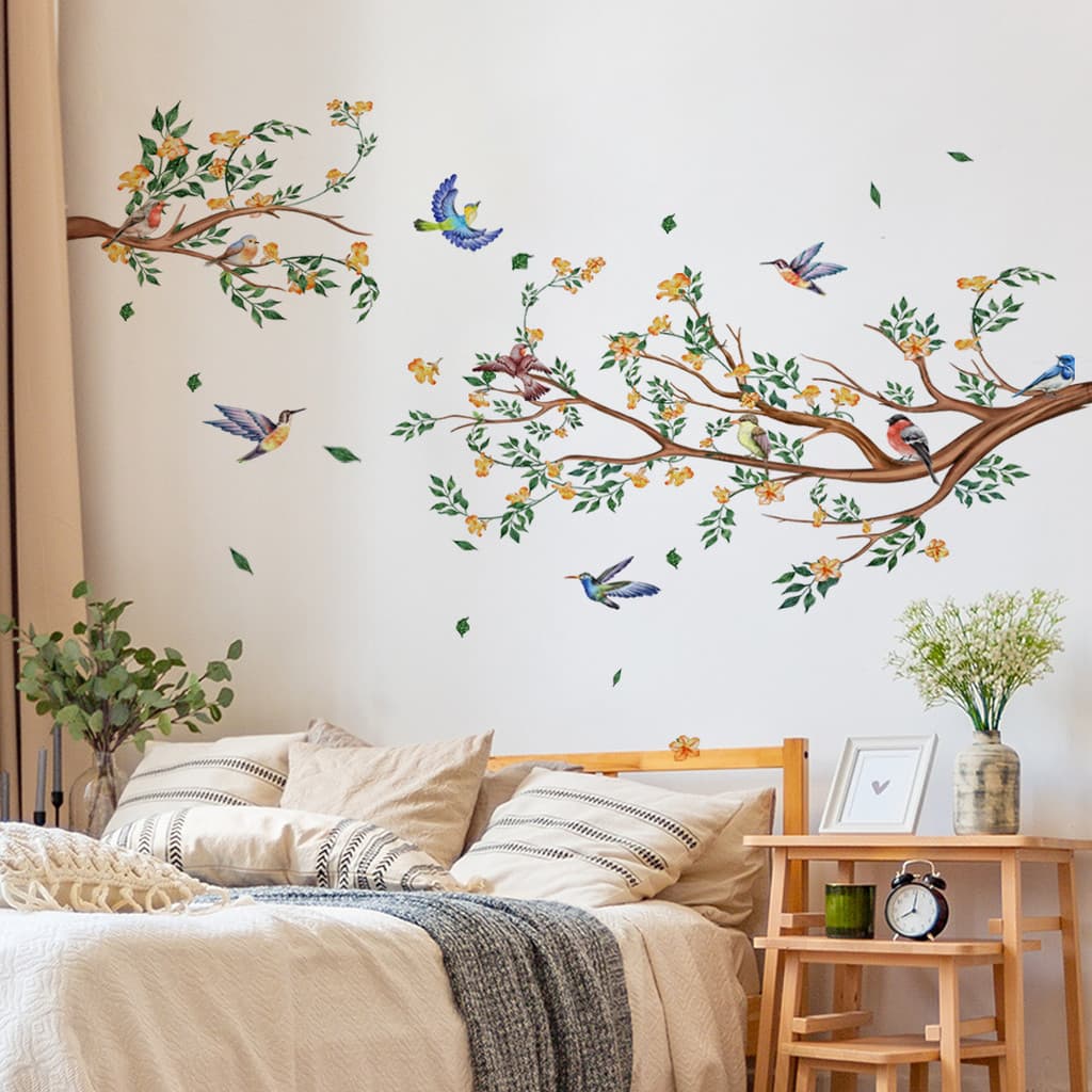 Planta verde flor ramo pássaro adesivo de parede sofá decoração adesivo