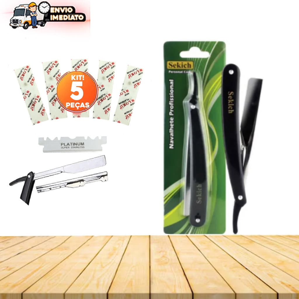Kit Navalha Navalhete Profissional  + 5 lâminas Aço Inox Acabamento Barba Sobrancelha Rosto