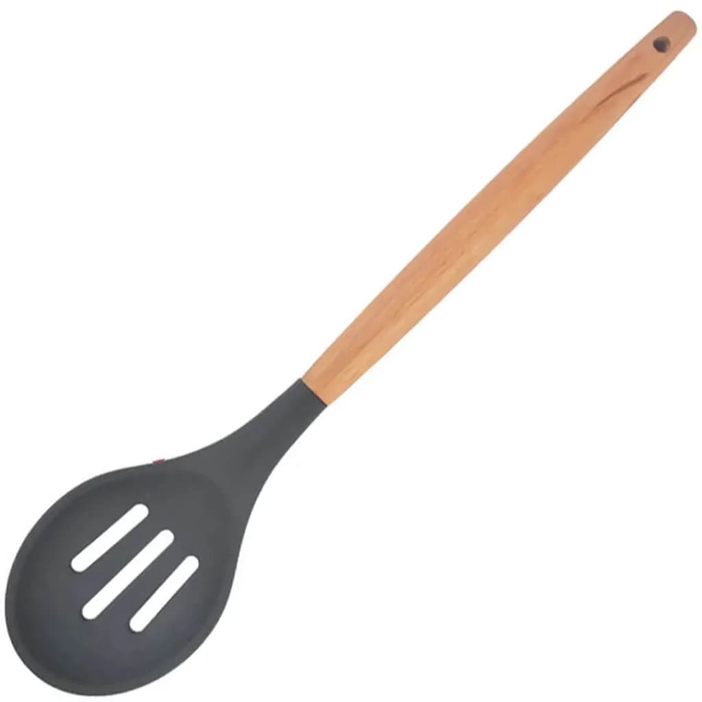 COLHER DE SILICONE VAZADA COM CABO DE MADEIRA 31CM GRAFITE BONS CHEFF