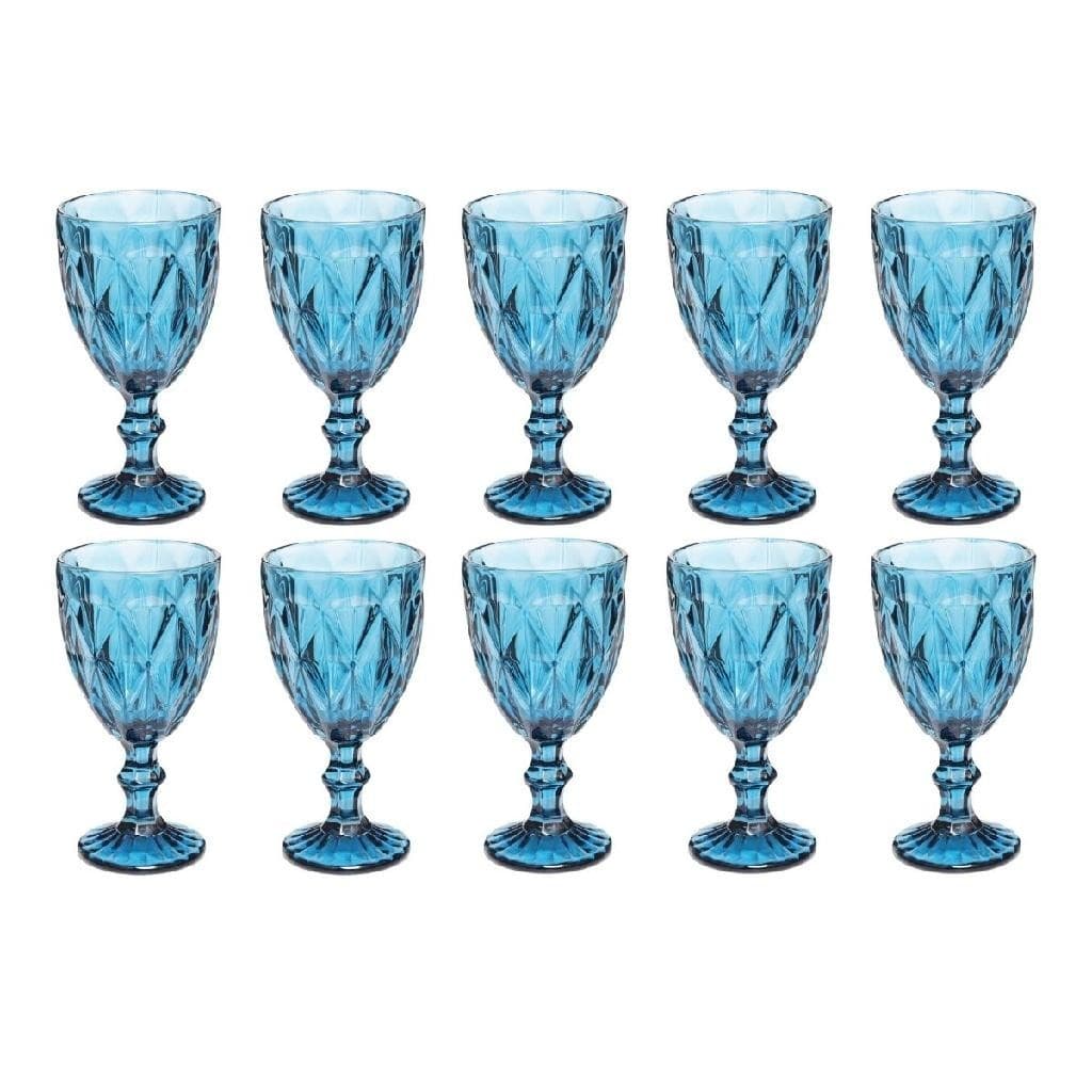 Jogo Copo Taça Vidro Diamante Azul vinho Agua 300ml - 10 Un